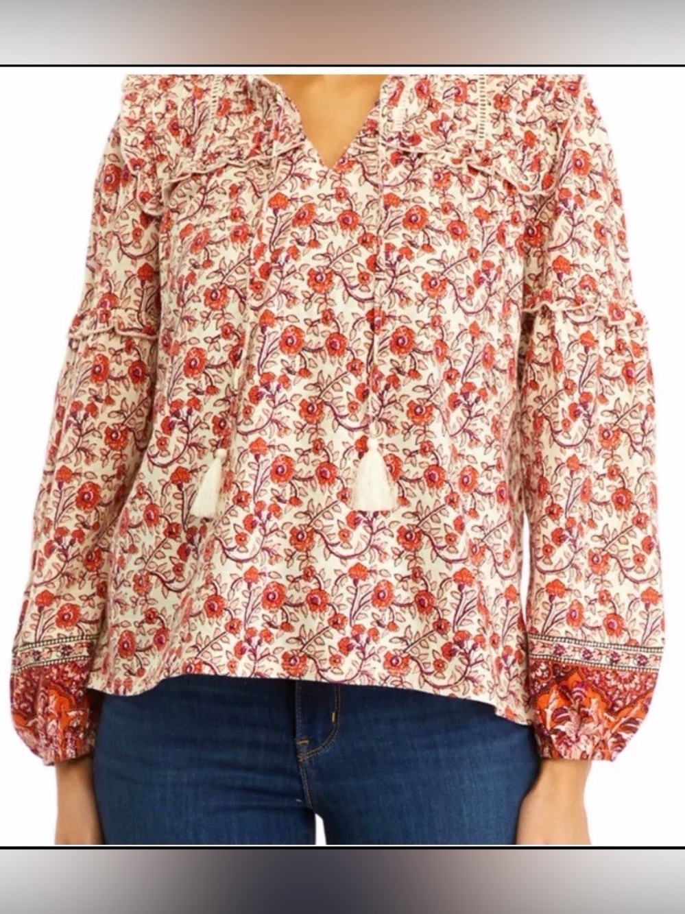 NWT Wonderly 2X Red Floral Peasant Blouse Boho Ruffle Tie Neck Top